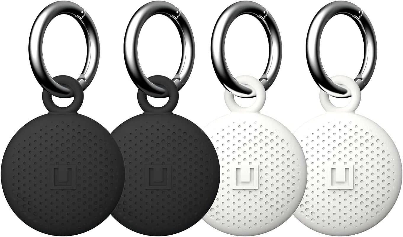 [U] by UAG Designed for Airtag Case 4 Pack DOT Stylish Soft-Touch Silicone Anti-Scratch Protective Cover Holder W/Keychain Attachment for Keys, Bags, Pets, Backpacks - (2) Black & (2) Marshmallow