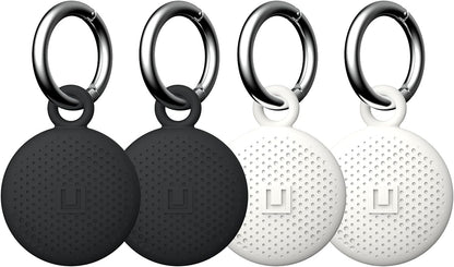 [U] by UAG Designed for Airtag Case 4 Pack DOT Stylish Soft-Touch Silicone Anti-Scratch Protective Cover Holder W/Keychain Attachment for Keys, Bags, Pets, Backpacks - (2) Black & (2) Marshmallow