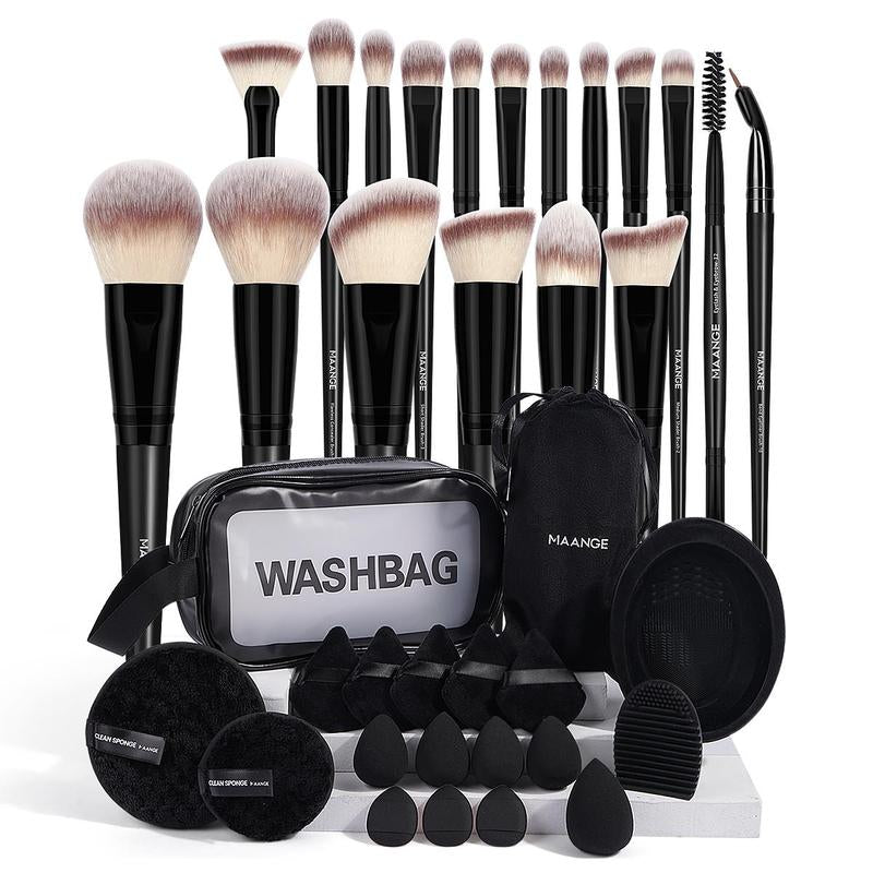 Makeup Brush & Puff with Container, 37Pcs/Set Makeup Brushes & Puff, Including 18 Cosmetic Brushes 15 Sponges 2 Bags 1 Cleaner Bowl and 1 Scrubber Egg, Makeup Brushes Sets, Makeup Tools