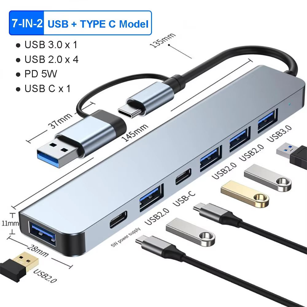 Aluminum 7-in-1 USB C Hub with 1 USB 3.0, 4 USB 2.0, and 2 USB C Ports