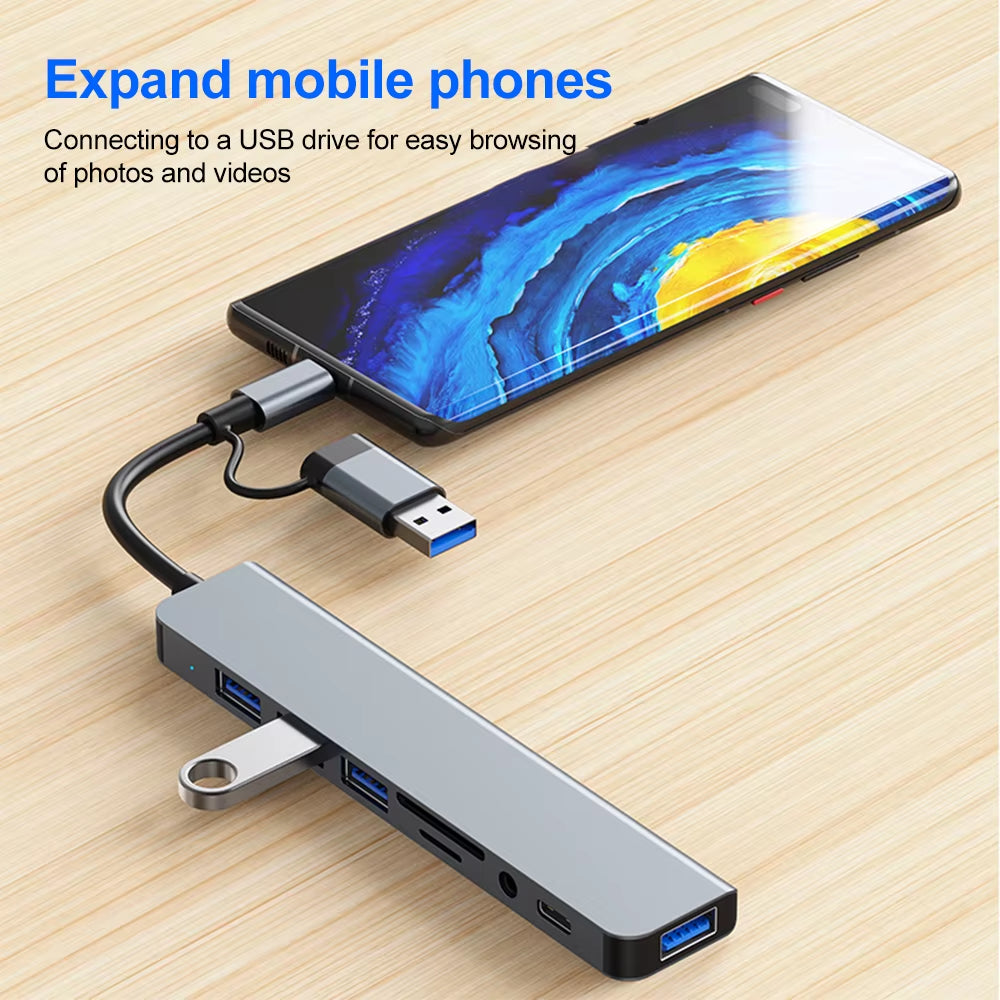 Aluminum 7-in-1 USB C Hub with 1 USB 3.0, 4 USB 2.0, and 2 USB C Ports