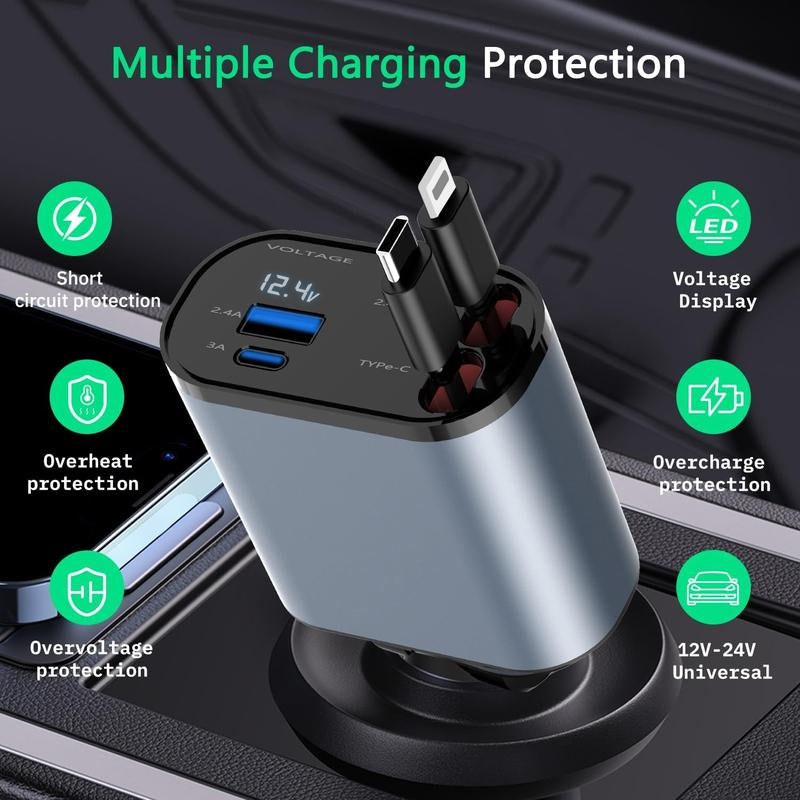 Paiholy Retractable Car Charger 4 in 1 Fast USB C Car Charger 100W with Dual Retractable Cable Dual USB Ports Voltage Display Car Charger Compatible with Iphone 16/15/14/13/12 Galaxy S24/ S23 Pixel