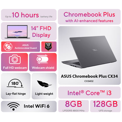 Chromebook plus CX34 14 Inch Touch Laptop with Google AI Intel Core I3-1215U 8GB RAM 128GB UFS Gray