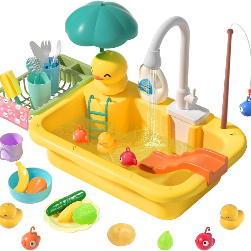 CUTE STONE Play Sink with Running Water,Sink Toys with Upgraded Electric Faucet, Pool Floating Fishing Toys for Water Play, Realistic Cookingset Toys