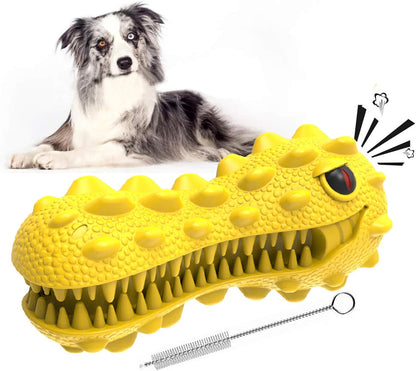 Dog Chew Toys, Indestructible Dog Toys for Aggressive Chewers, Tough Teeth Cleaning Toothbrush Toy, Interactive Dog Squeak Toy for Boredom, Dinosaur, Milk Flavor