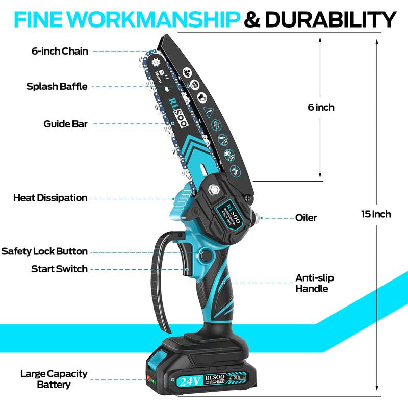 6-Inch Mini Chainsaw with Auto Oiler & Safety Lock, [2024 Upgrade] Cordless Electric Chainsaw for Branches, Wood Cutting, Yard & Garden (Includes 2 Batteries & 3 Chains)