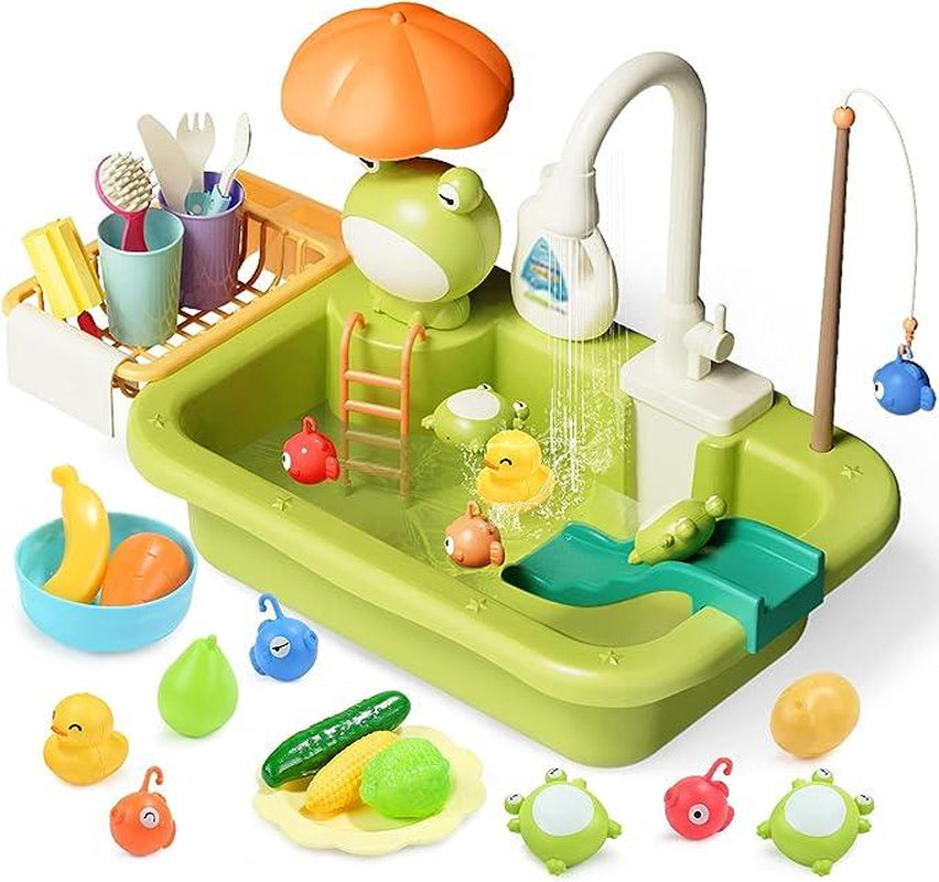 CUTE STONE Play Sink with Running Water,Sink Toys with Upgraded Electric Faucet, Pool Floating Fishing Toys for Water Play, Realistic Cookingset Toys