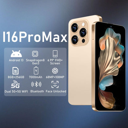 I16 PROMAX Unlocked Phone,8+256Gb Smartphone, Android 13.0, Long Battery Life 7000Mah,6.99" Display 68+108MP Zoom Camera,With Dual SIM, Fingerprint Lock, Face ID, 5G Phone (Gold)