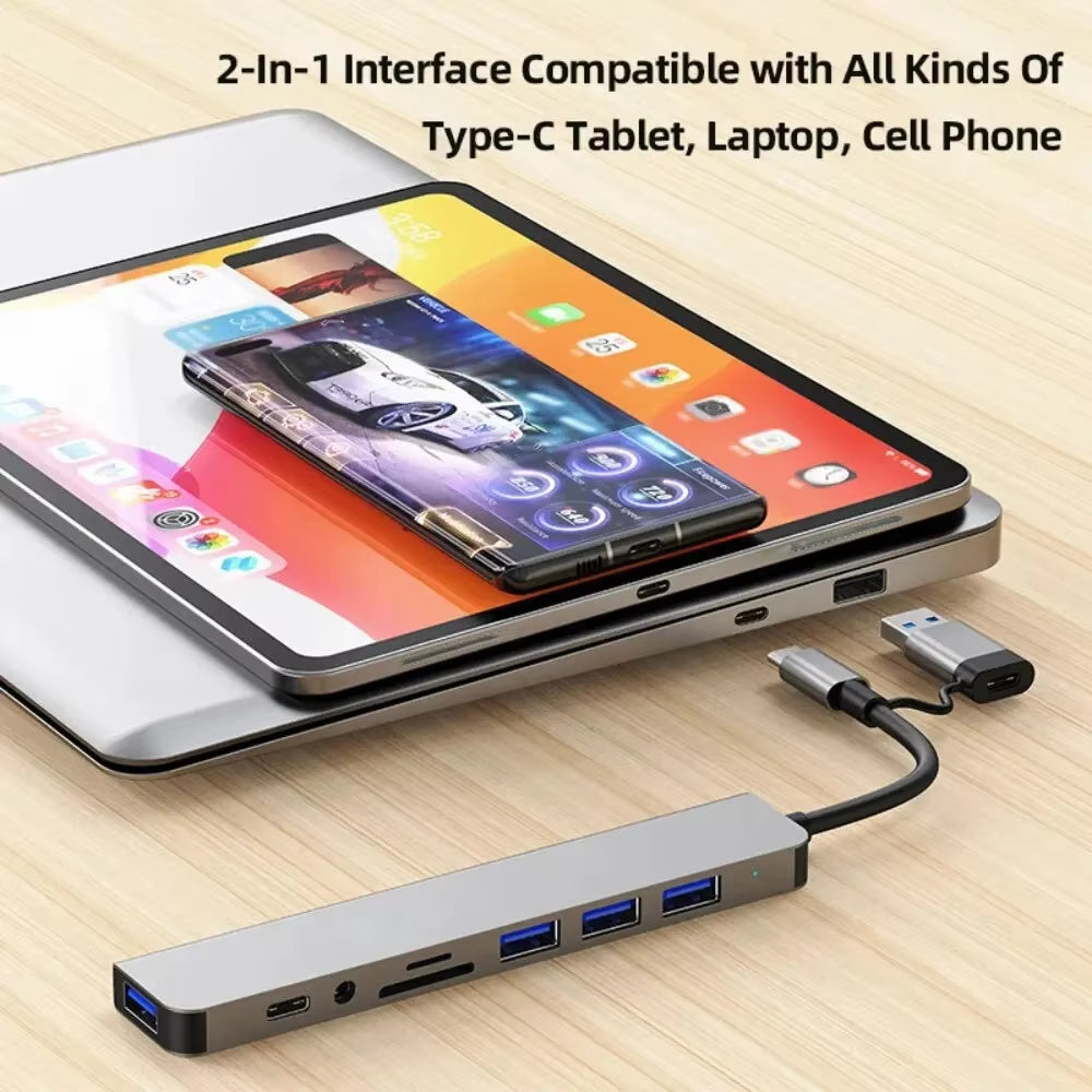 Aluminum 7-in-1 USB C Hub with 1 USB 3.0, 4 USB 2.0, and 2 USB C Ports