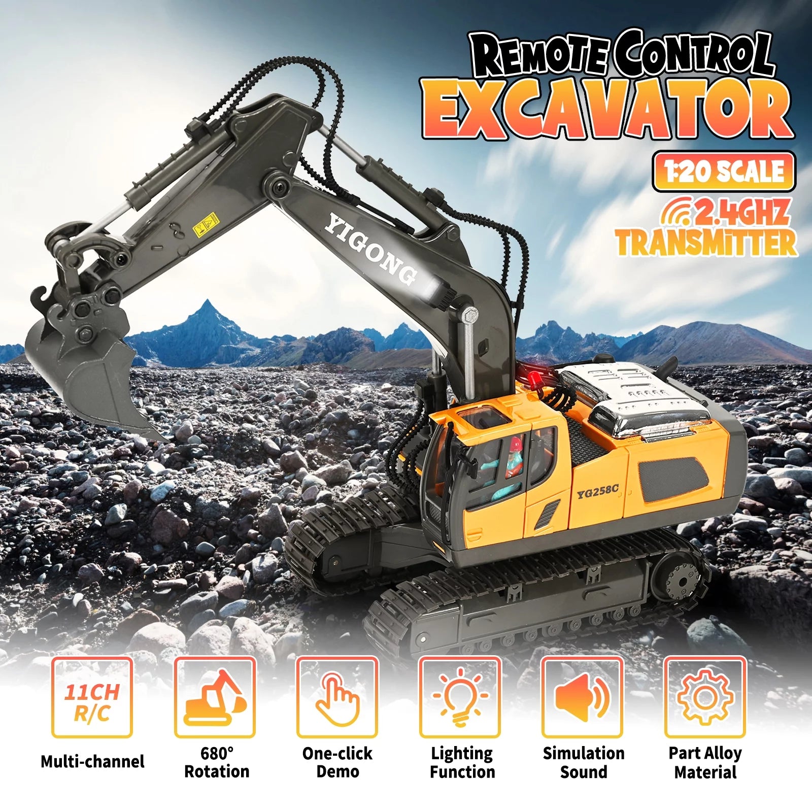 Remote Control Excavator,11 Channel RC Excavator Toys, Rechargeable Construction Vehicle Toys with Lights Sounds,Gifts for Kids 3-12 Years Old