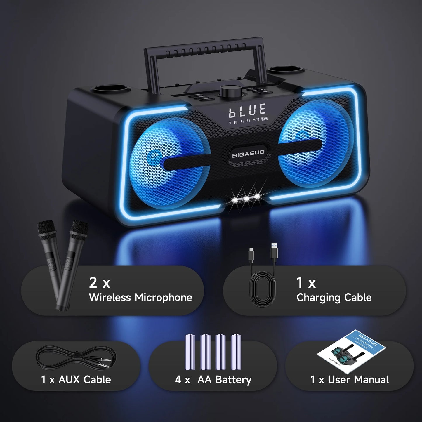 Bluetooth Karaoke Machine with 2 UHF Wireless PA System Microphones for Adult,  Portable Handheld Party Speaker with LED Lights & Lyrics Display Holder, Karaoke Speaker for Indoor/Outdoor