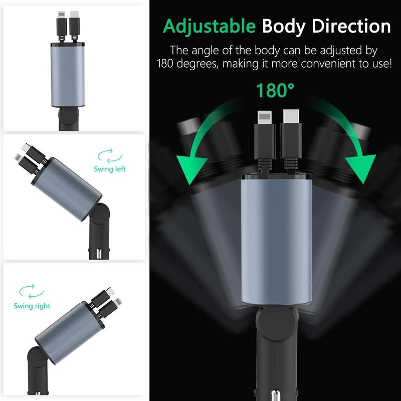 Paiholy Retractable Car Charger 4 in 1 Fast USB C Car Charger 100W with Dual Retractable Cable Dual USB Ports Voltage Display Car Charger Compatible with Iphone 16/15/14/13/12 Galaxy S24/ S23 Pixel