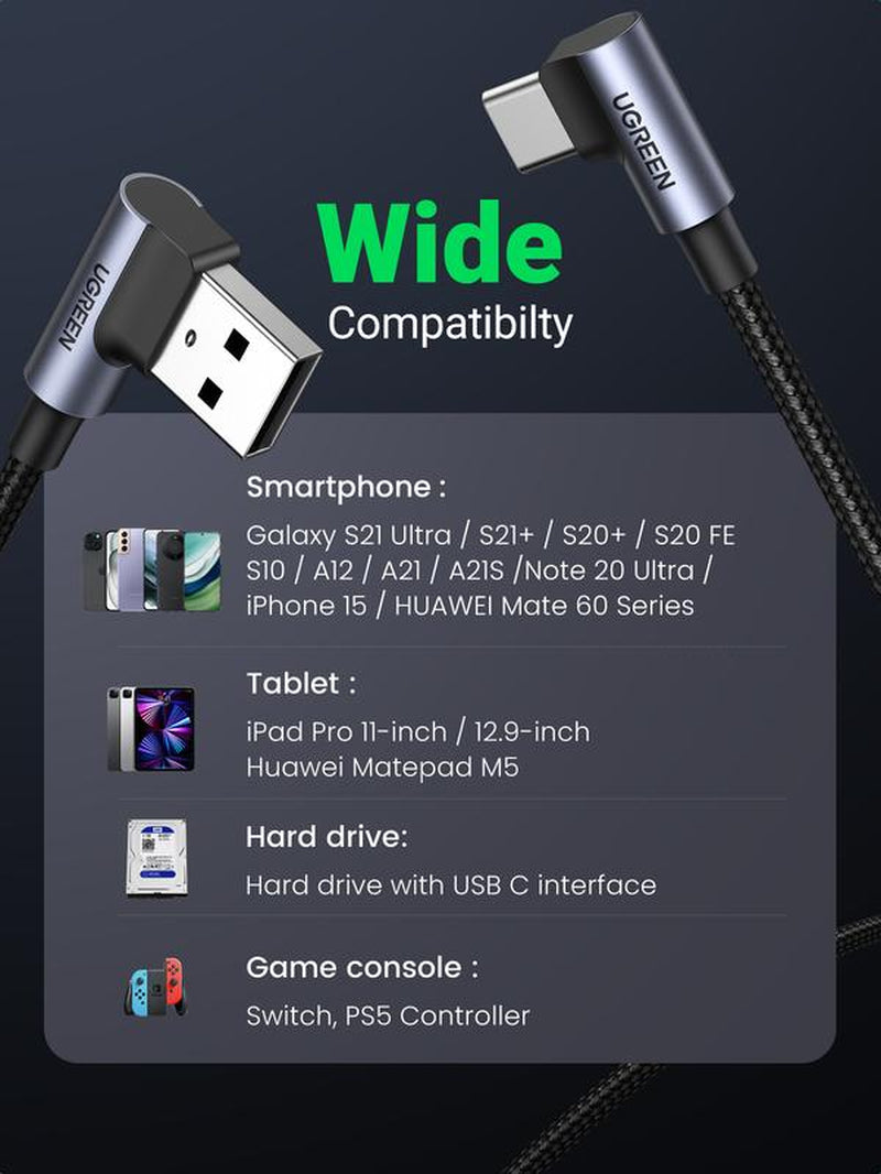 UGREEN 90-Degree USB to USB-C Cable. Lightning-Fast Charging for Iphone 16 Pro Max/Plus, Android & More. Premium Connector Cord with High-Speed Charge. Ideal for Devices Needing Quick Power