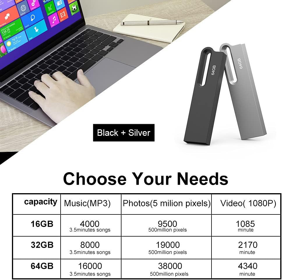 64GB Flash Drive 2 Pack Metal USB Drive Thumb Drive 64 GB USB 2.0 Memory Stick Waterproof USB Flash Drive Portable Jump Drive Zip Drives with Keychain (64G, 2 Colors: Black Silver)