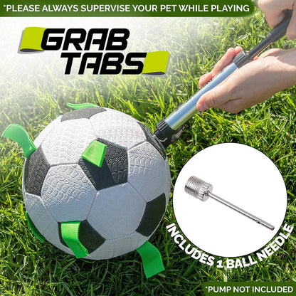 Grab Tabs Dog Soccer Ball with Straps (7.5") Indoor or Outdoor; Interactive Durable Fetch Ball with Tug Toy for All Dog Breeds