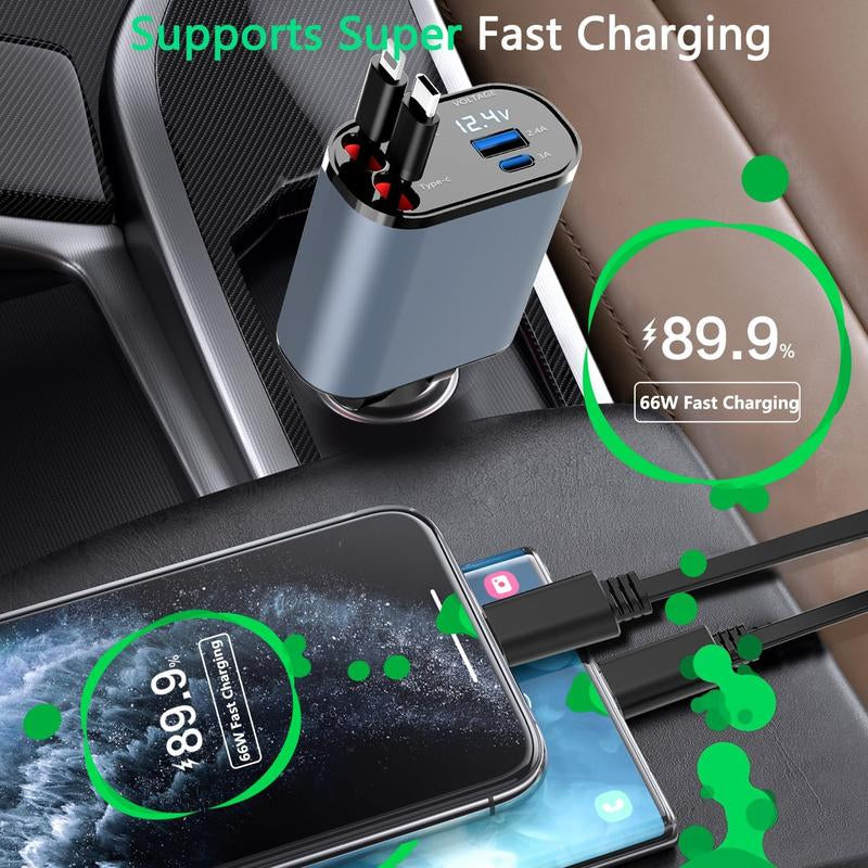 Paiholy Retractable Car Charger 4 in 1 Fast USB C Car Charger 100W with Dual Retractable Cable Dual USB Ports Voltage Display Car Charger Compatible with Iphone 16/15/14/13/12 Galaxy S24/ S23 Pixel